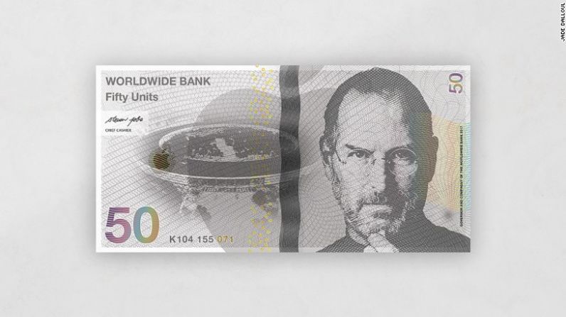 El artista francés Jade Dalloul se imagina un futuro en el que las compañías y corporaciones se han vuelto tan influyentes que han empezado a emitir su propia moneda, como este billete con la imagen del fallecido director ejecutivo de Apple, Steve Jobs.