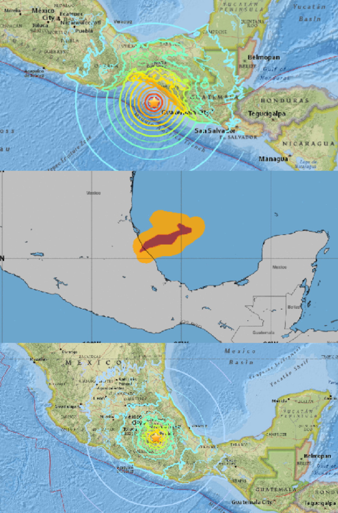 Arriba, el sismo del 7 de septiembre. En el medio, el huracán Katia. Abajo, el terremoto del 19 de septiembre.