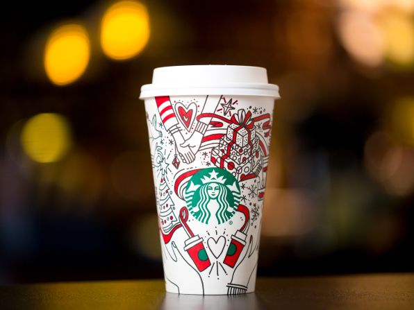 El vaso navideño de Starbucks 2017 desafía a los aficionados a su café a ser creativos, con un diseño que puede pintar y personaliza. Crédito: Joshua Trujillo, Starbucks