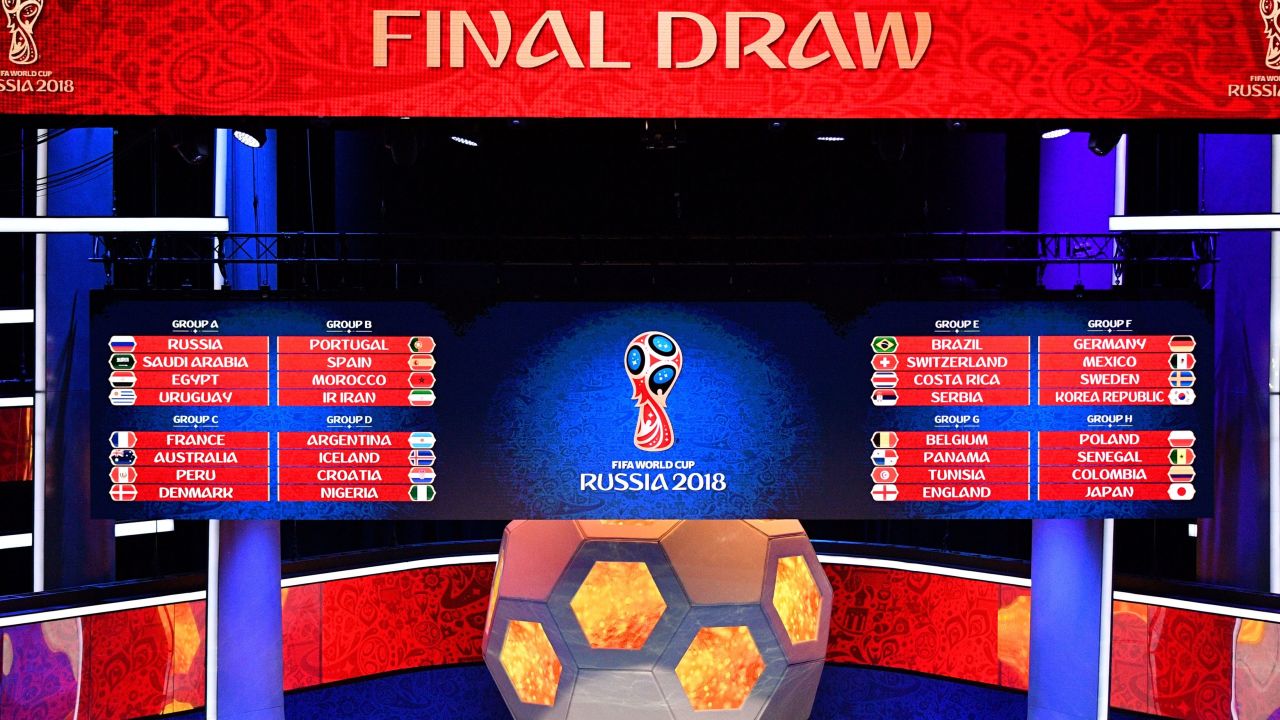 A picture shows   the groups displayed on screens after   the Final Draw for the 2018 FIFA World Cup football tournament at the State Kremlin Palace in Moscow on December 1, 2017.
The 2018 FIFA World Cup will be held from June 14 and July 15, 2018, in 11 Russian cities. / AFP PHOTO / Mladen ANTONOV