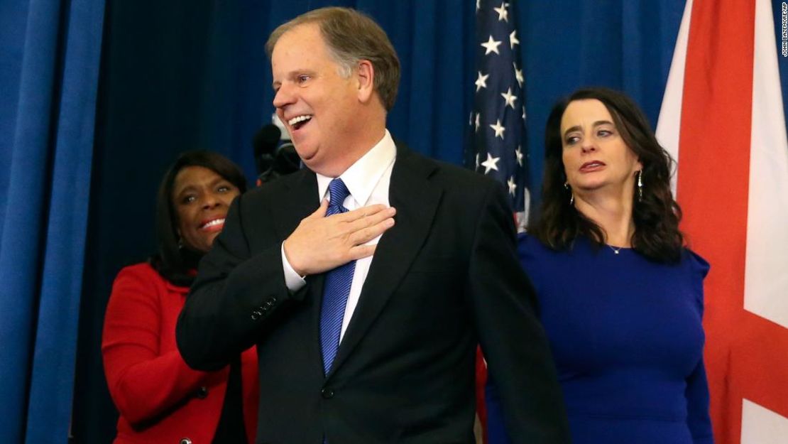 El candidato demócrata para el Senado de Estados Unidos Doug Jones y su esposa Louise suben al escenario en Birmingham, Alabama. Jones ganó las elecciones al Senado de EE. UU., lo que ha sido un duro golpe político para el presidente Donald Trump.