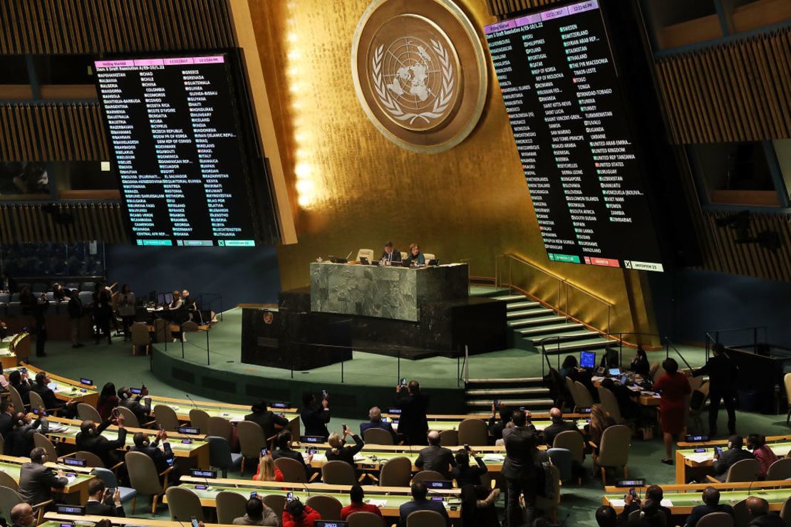 Los resultados de la votación en la Asamblea General de las Naciones Unidas contra la declaración de Estados Unidos de Jerusalén como capital de Israel. El voto quedó 128-9.