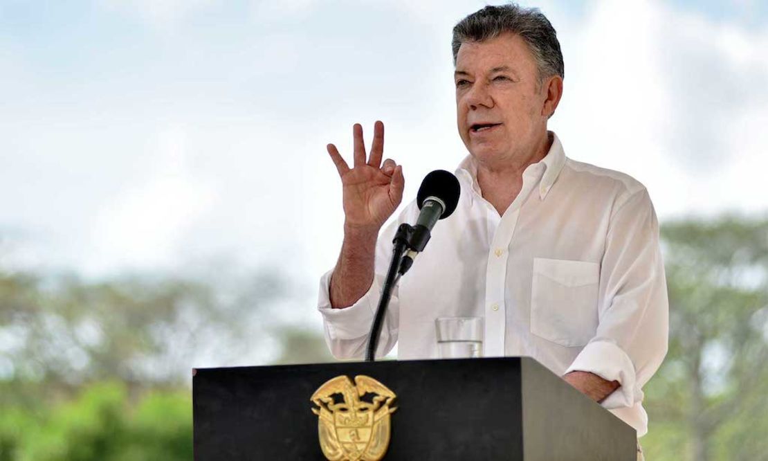 El Presidente Juan Manuel Santos durante el balance del primer año de posconflicto en Colombia.