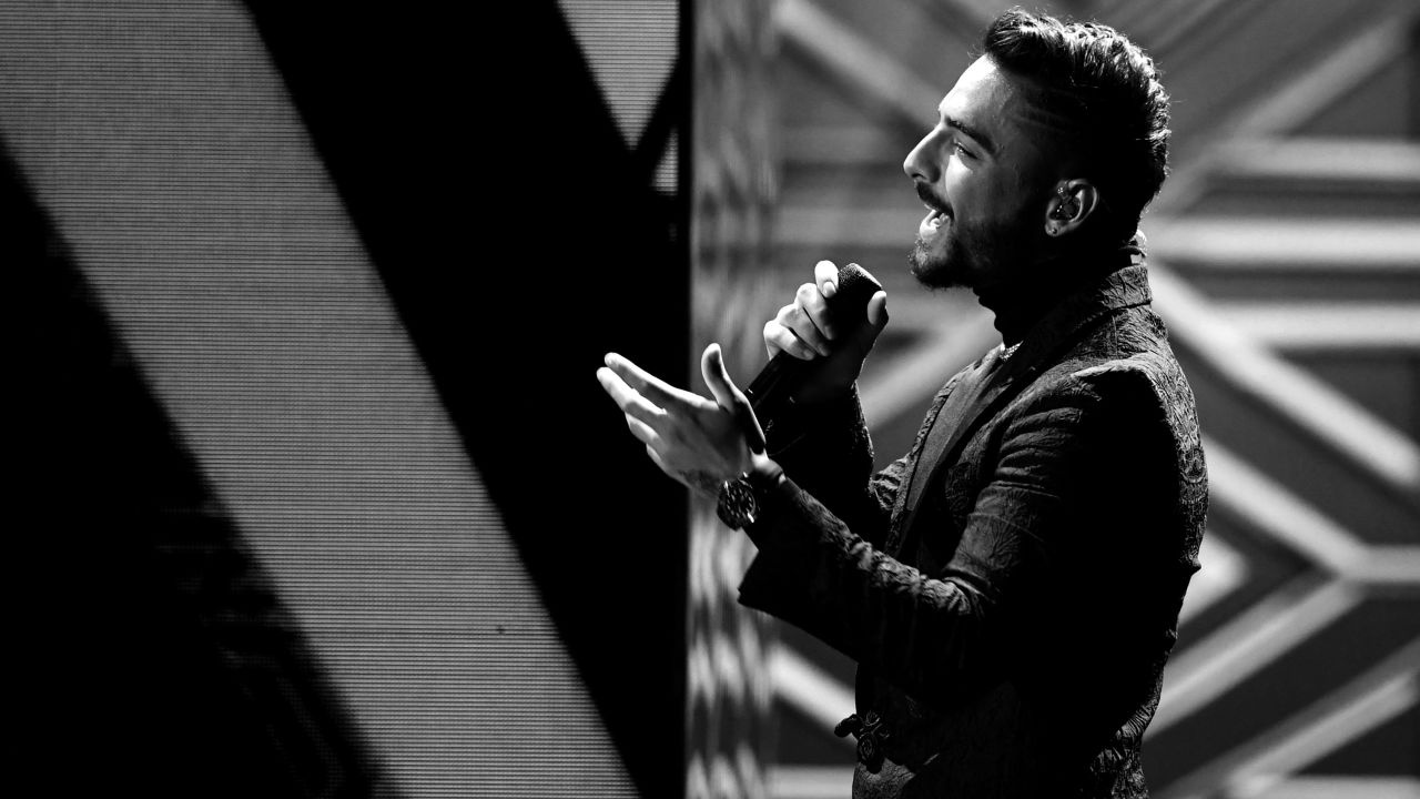 LAS VEGAS, NV - NOVEMBER 16:  (EDITOR'S NOTE: Image has been converted to black and white.)  Maluma performs onstage at the 18th Annual Latin Grammy Awards at MGM Grand Garden Arena on November 16, 2017 in Las Vegas, Nevada.