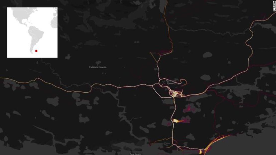 Mapa de calor de Strava que muestra las islas Falkland y RAF Mount Pleasant.