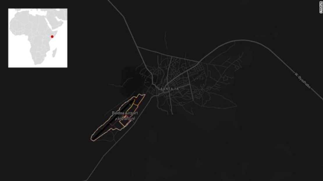 Un mapa de calor de Strava del aeropuerto de Baidoa en Somalia.