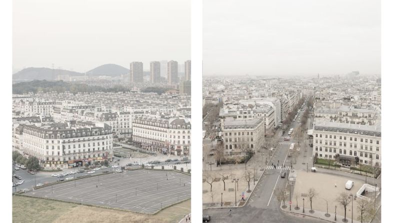 Momentos surreales: en esta foto de Prost están retratadas las vistas de las dos ciudades. A la izquierda Tianducheng y a la derecha París.