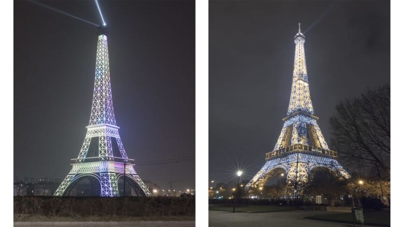 Realidades dobles: Tianducheng hizo una recreación meticulosa de París. Tanto así que en las fotos de Prost no es fácil determinar cuál es cuál. A la izquierda de esta foto está la réplica de la Torre Eiffel en la ciudad china durante la noche y a la derecha la Torre Eiffel de París.