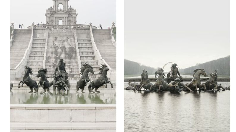 Las esculturas y sus detalles también son algo que destaca en Tianducheng. En la imagen se puede apreciar la fuente de Versalles a la derecha y a la izquierda su réplica.