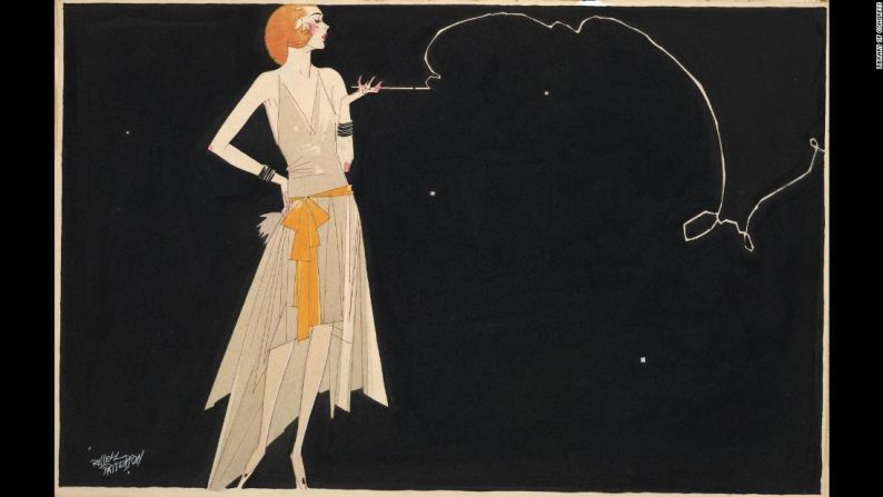 'Donde hay humo, hay fuego', del artista estadounidense Russell Patterson, data de la década de 1920. La ilustración de cuerpo entero muestra una mujer vestida a la moda con un cuerpo esbelto.