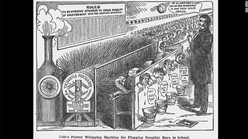 En la imagen, un dibujo de 1879 de "Cole's Funny Picture Book", uno de los muchos creados por Australian E.W.Cole, considerado como el "libro ilustrado para niños más barato que se haya publicado". El dibujo ilustra "la máquina macabra Snooks para azotar a los niños traviesos en la escuela".
