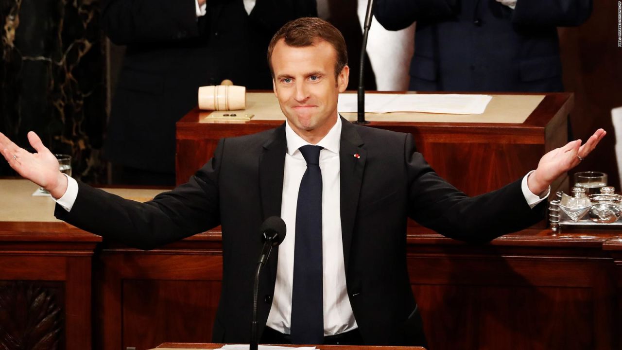 French President Emmanuel Macron speaks during his address to a joint meeting of Congress on Capitol Hill in Washington, Wednesday, April 25, 2018.