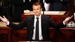 French President Emmanuel Macron speaks during his address to a joint meeting of Congress on Capitol Hill in Washington, Wednesday, April 25, 2018.