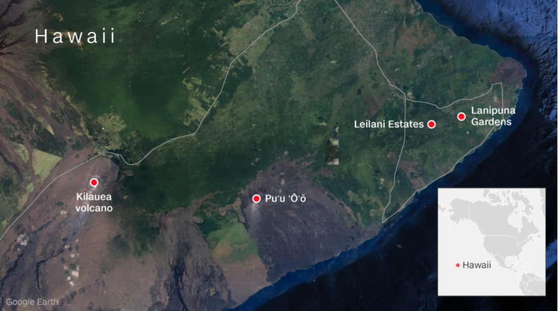 Mapa de Hawaii con los lugares afectados por la erupción del volcán Kilauea