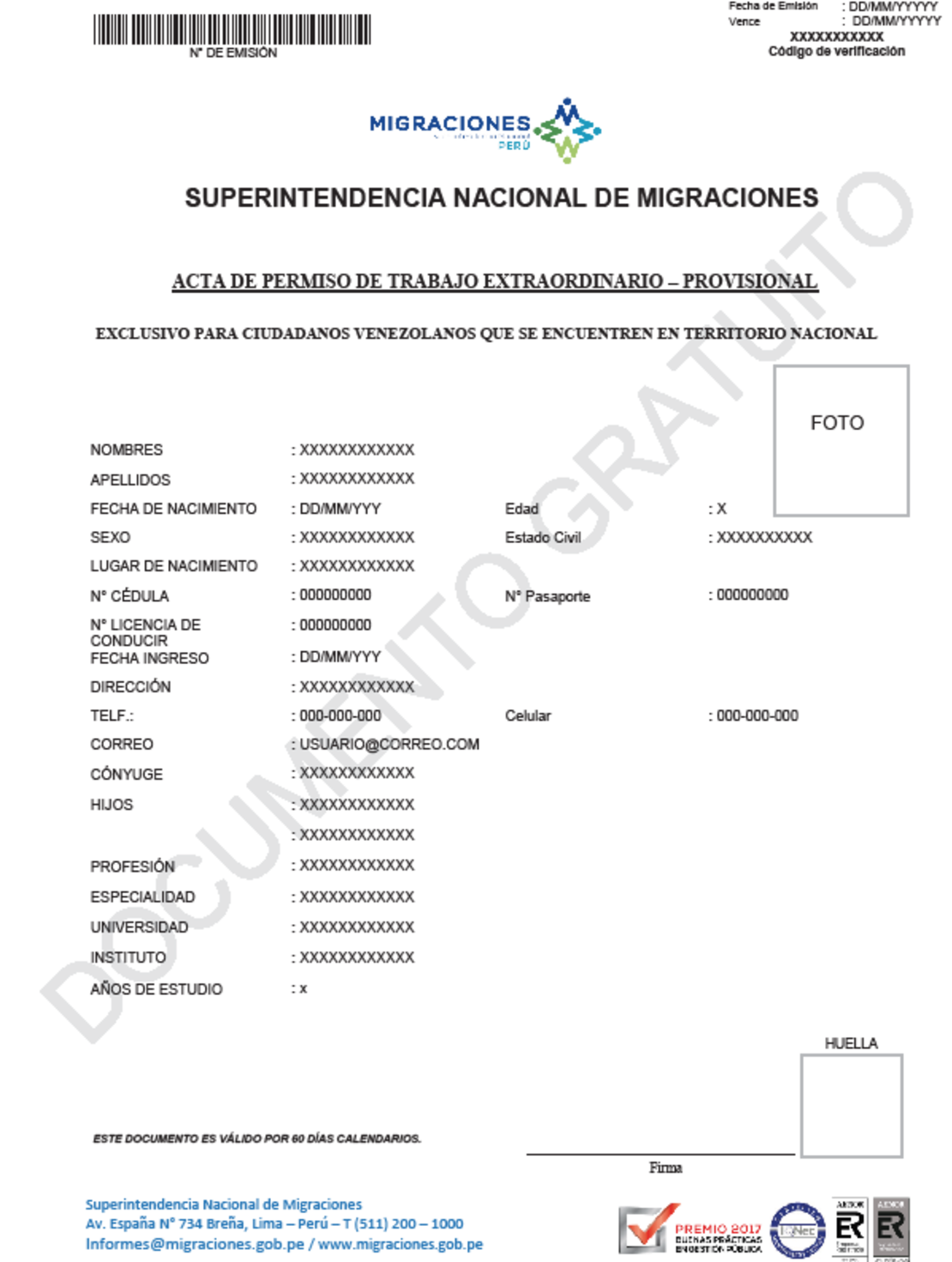 Modelo de documento que los venezolanos deberán rellenar para obtener el permiso de trabajo extraordinario, gratuito y temporal del gobierno de Perú.