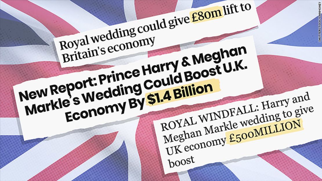 Titulares de diarios británicos sobre los beneficios de la boda del príncipe Enrique y Meghan Markle para la economía británica.