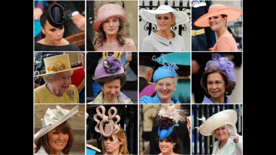 Un collage de los sombreros que algunas invitadas vistieron en la boda del príncipe Guillermo y Catalina.