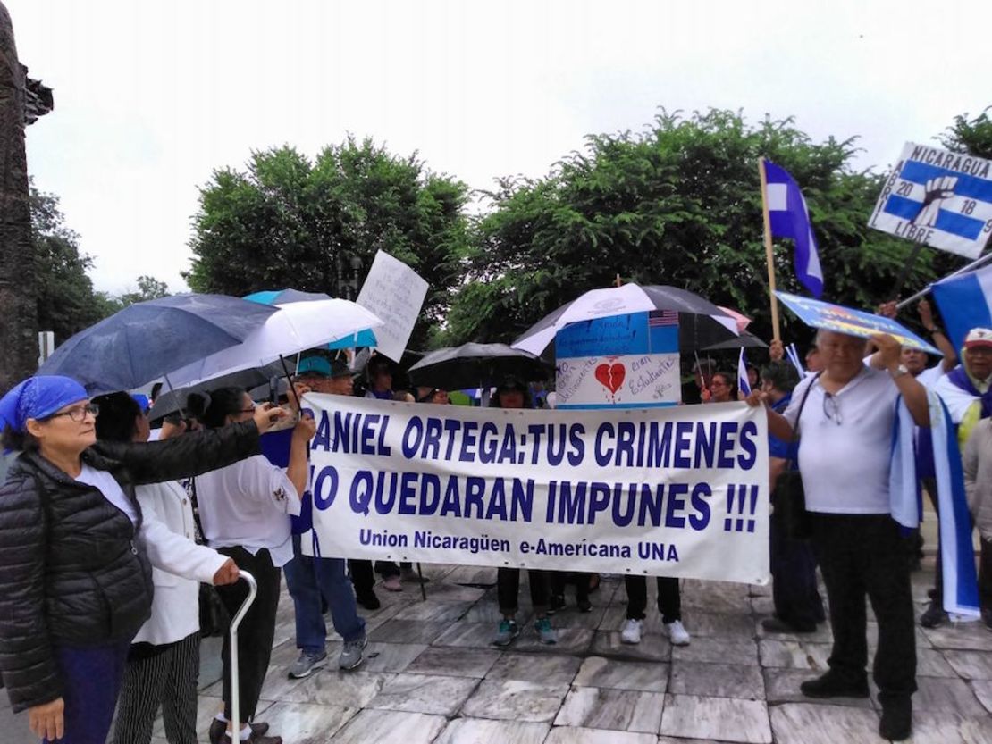 Nicaragüenses en Estados Unidos participan en una manifestación frente a la sede de la Organización de Estados Americanos en Washington el domingo 3 de junio.