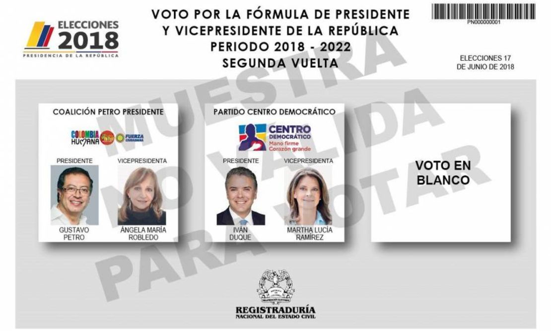 Así es el tarjetón electoral para la segunda vuelta en Colombia: en el primer cuadro aparece Gustavo Petro y Ángela María Robledo, y en el segundo, Iván Duque y Marta Lucía Ramírez.