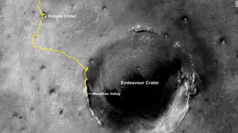 Una foto de la NASA muestra la ruta del pportunity desde su aterrizaje en Marte, en 2004.