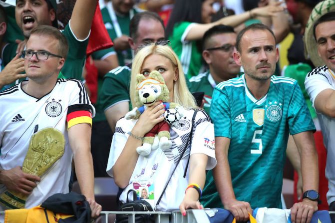 MOSCOW, RUSSIA - JUNE 17: Fans of Germany show their dejection following the 2018 FIFA World Cup Russia group F match between Germany and Mexico at Luzhniki Stadium on June 17, 2018 in Moscow, Russia.