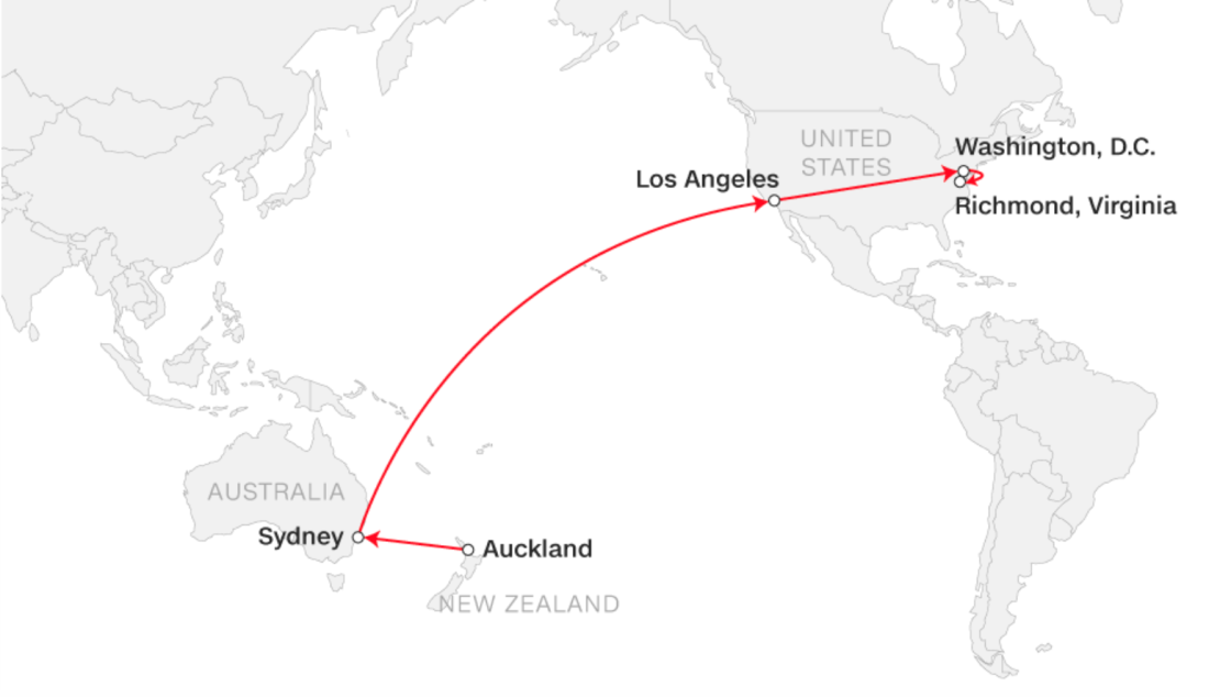 La ruta del viaje de Troy George Skinner hasta llegar a Richmond.