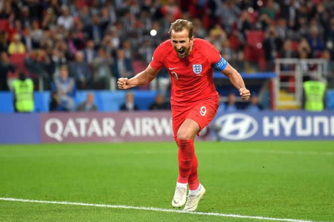 Harry Kane celebra su gol con Inglaterra ante Colombia.