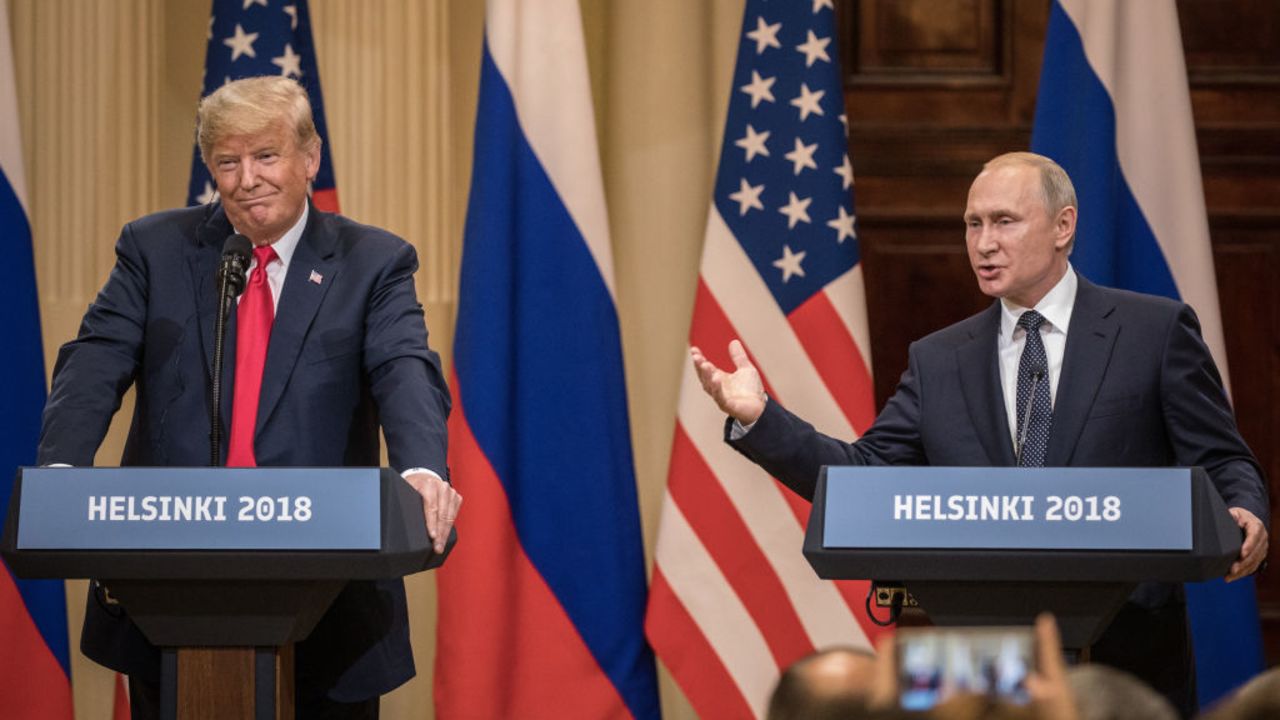 HELSINKI, FINLAND - JULY 16:  U.S. President Donald Trump (L) and Russian President Vladimir Putin answer questions about the 2016 U.S Election collusion during a joint press conference after their summit on July 16, 2018 in Helsinki, Finland. The two leaders met one-on-one and discussed a range of issues including the 2016 U.S Election collusion.