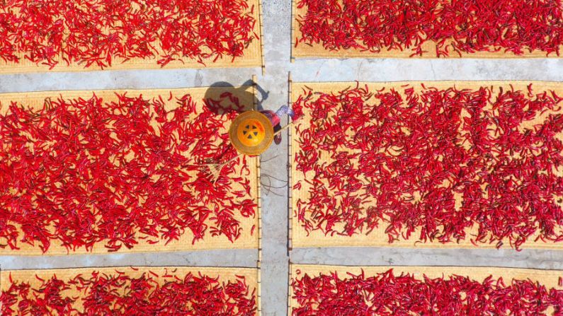 Yongfeng, Shuangfeng, China. La región de Hunan de China es el hogar de algunos de los platos más picantes del país. En la imagen, pimientos rojos de la región son puestos a secar.