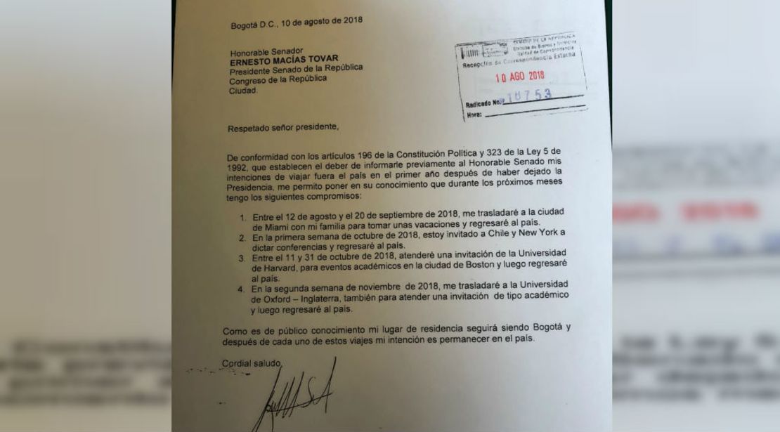 Esta fue la carta enviada por Santos al senador Ernesto Macías el 10 de agosto de 2018.