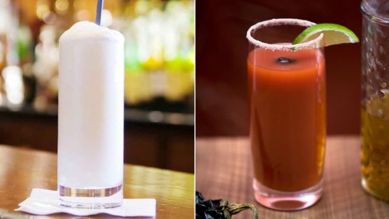 De lo clásico a contemporáneo: el bar Sazerac de Nueva Orleans sirve clásicos perfectos como el Gin Fizz de Ramos, a la izquierda. Por su parte, el King Cole Bar de la Ciudad de México ofrece el Sangrita Maria, una bebida de autor picante con mezcal y más ligera que el Bloody Mary.