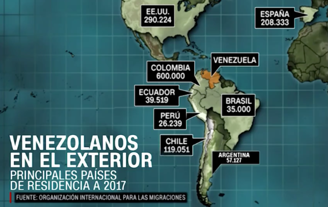 Mapa de los venezolanos en el exterior, según cifras de la Organización Internacional para las Migraciones.