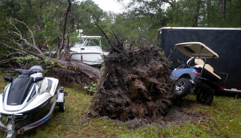 En Crawfordville, Florida, este árbol cayó sobre los autos y botes por la potencia de los vientos del huracán Michael.