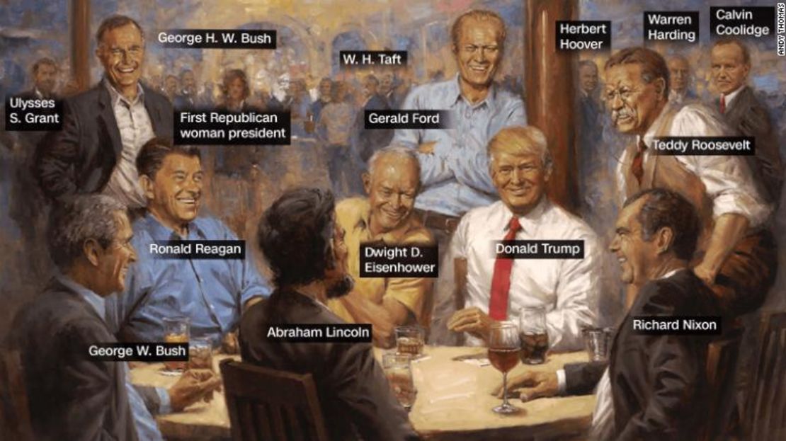 Pintura con todos los presidentes republicanos que cuelga en la Casa Blanca de Trump.