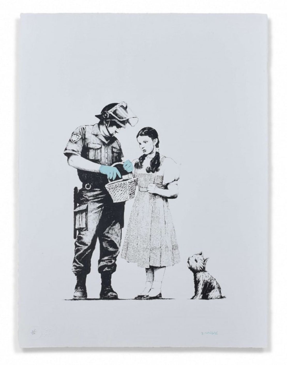 Tres impresiones de Banksy son parte de la colección de Artcurial, con una oferta que comienza entre los 30.000 euros (34.400 dólares) para la impresión que representa a Dorothy de "El mago de Oz" siendo investigada por un oficial de la policía, titulada "Stop and Search". Crédito: Artcurial