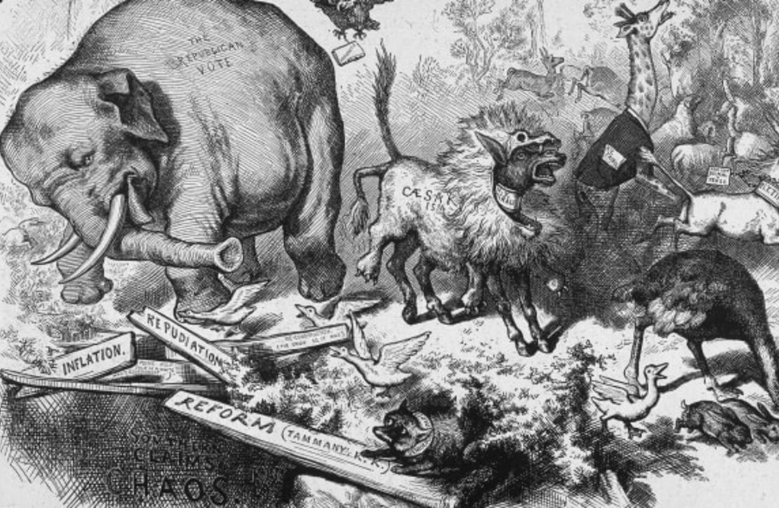 El elefante republicano hizo su primera aparición en esta caricatura de 1874 de Thomas Nast. Un zorro en la esquina inferior derecha representa al partido demócrata.