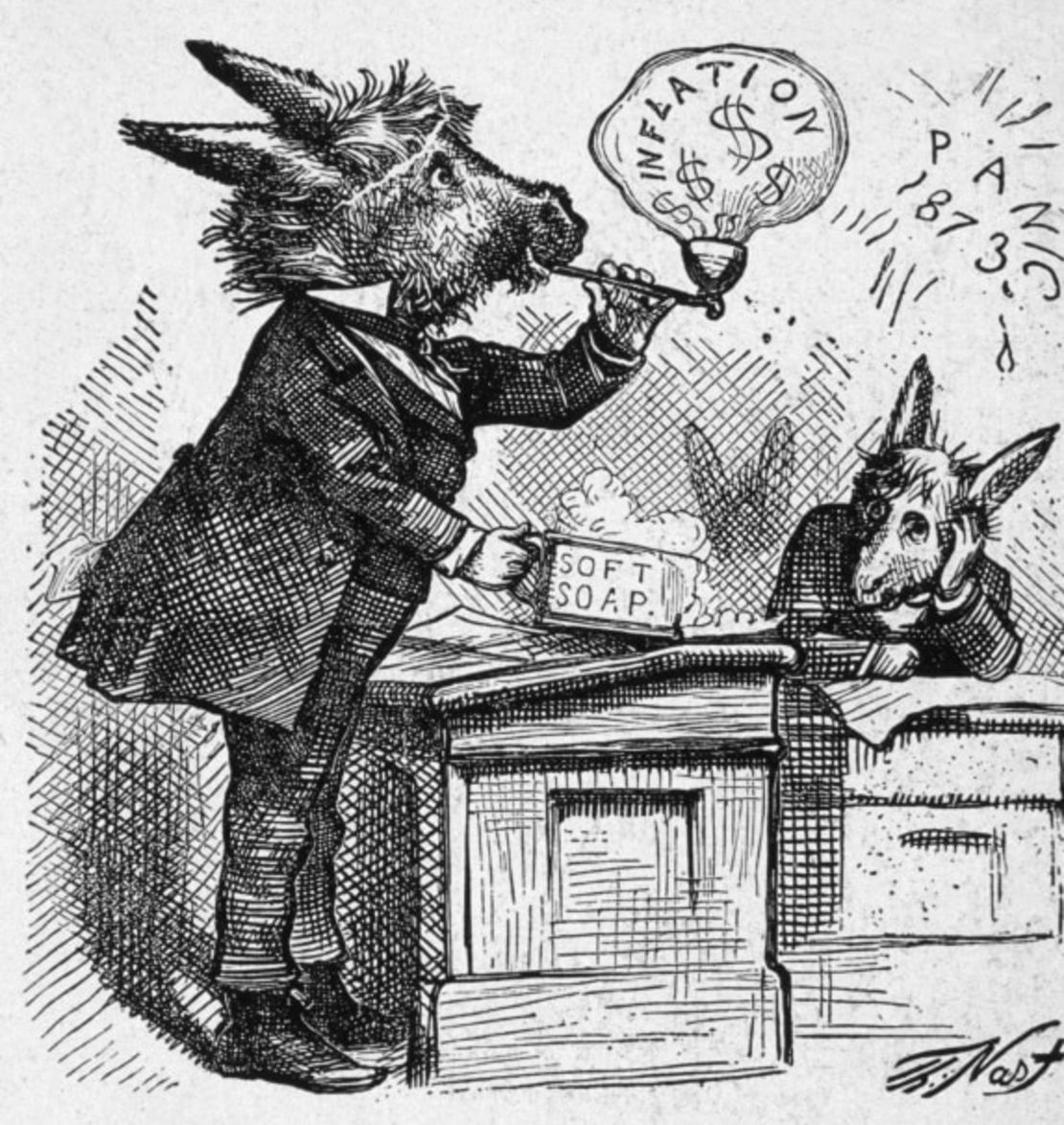 En esta caricatura política de Thomas Nast, titulada "Fine-Ass Committee", un burro sustituye a los congresistas demócratas que inflan burbujas financieras.