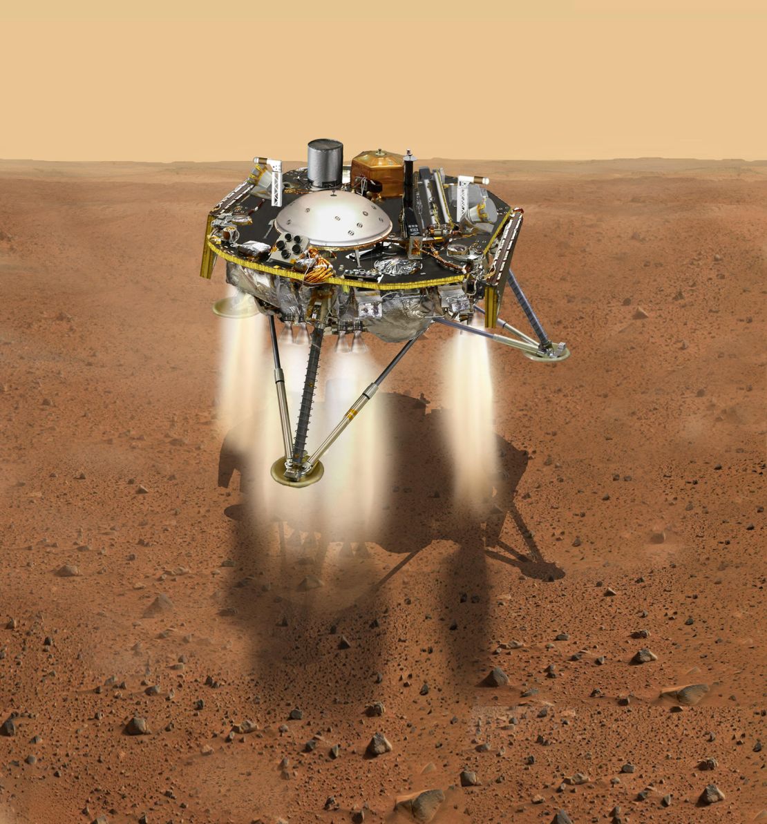 Las patas de Insight y su sistema de propulsión a chorro le ayudarán en su difícil aterrizaje en Marte (Nasa).