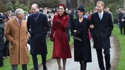 El príncipe de Gales, el duque de Cambridge, la duquesa de Cambridge, y los duques de Sussex llegan a la ceremonia en la capilla de Santa María Magdalena. Joe Giddens/PA Images via Getty Images)