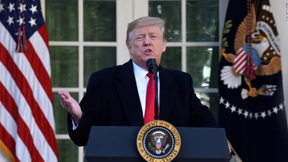 El presidente Donald Trump anunció el 25 de enero de 2019 el fin temporal del cierre de gobierno en un evento en el Jardín de las Rosas de la Casa Blanca.