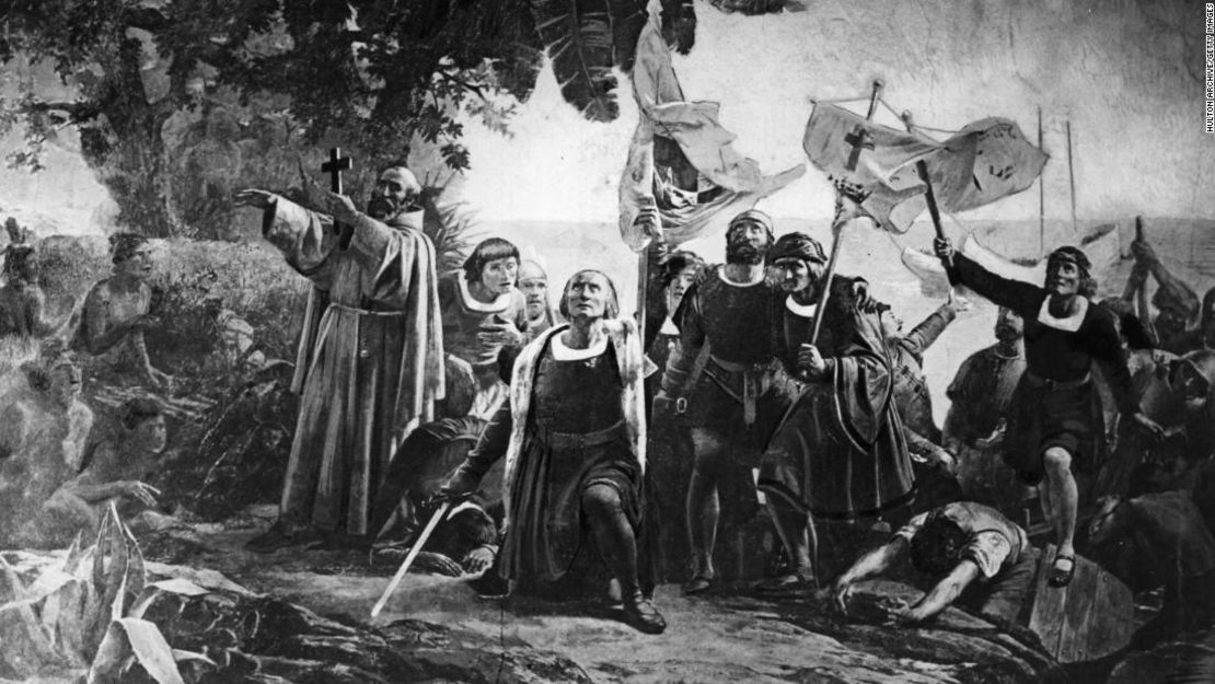 Una representación de la llegada de Cristóbal Colón a América.