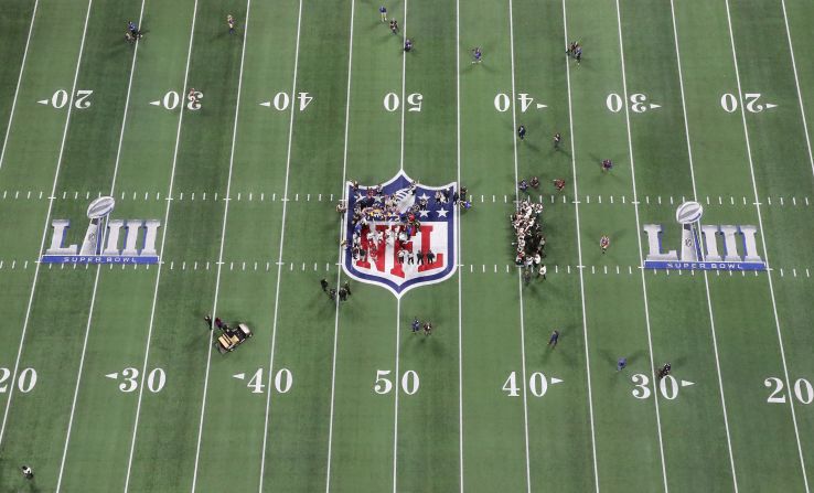 Una vista aérea del campo durante el Super Bowl LIII en el estadio Mercedes-Benz, en Atlanta, Georgia.