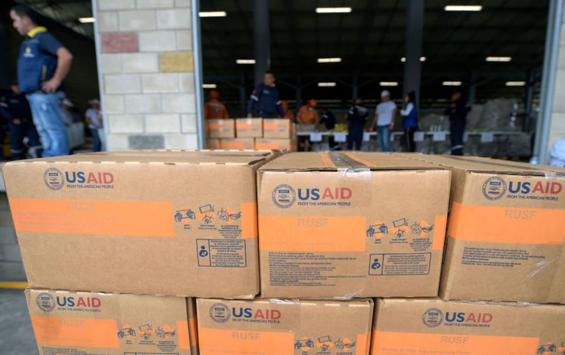 Cajas con ayuda humanitaria estadounidense para Venezuela en Cucutá, Colombia.