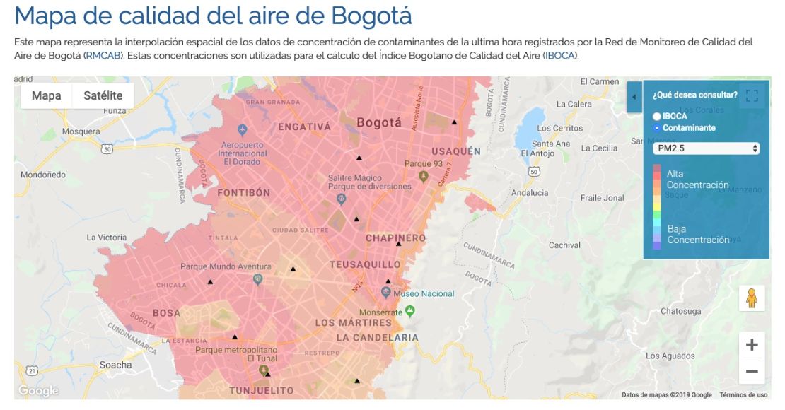 Mapa de contaminación, según la Alcaldía de Bogotá. Febrero 18 de 2019.