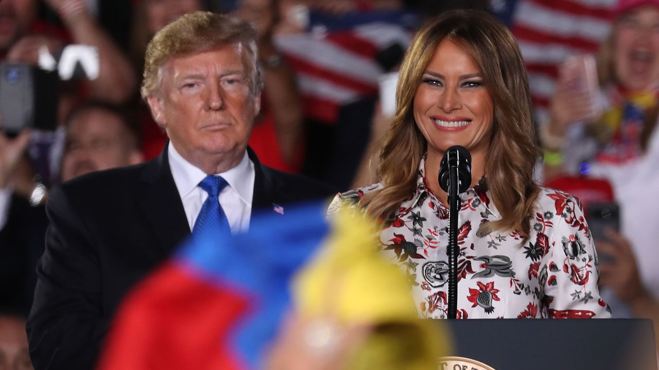 MIAMI, FLORIDA - FEBRUARY 18:  President Donald Trump and First Lady Melania Trump attend a rally at Florida International University  on February 18, 2019 in Miami, Florida. President Trump spoke about  the ongoing crisis in Venezuela.