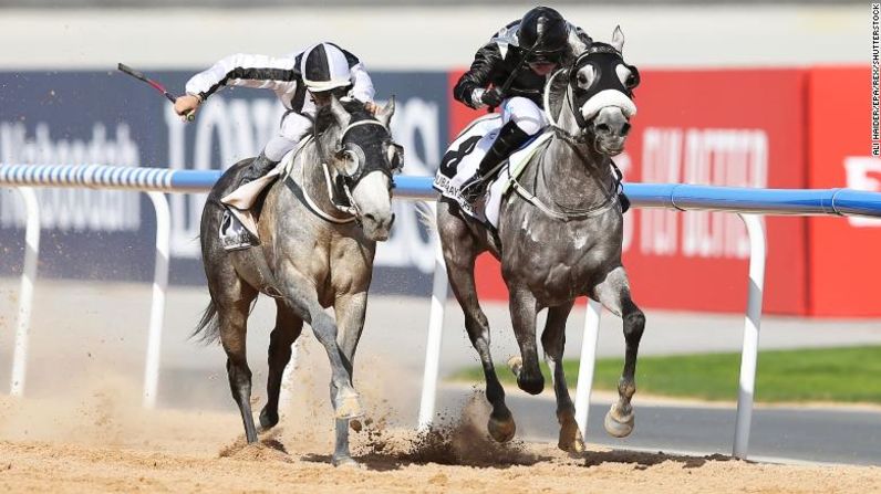 El jinete Tadhg O´Shea derecha, monta a AF Maher en su trayecto a ganar la carrera del Clásico Dubai Kahayla, durante la Copa Mundial Dubai, en el hipódromo de Meydan, el 30 de marzo de 2019.