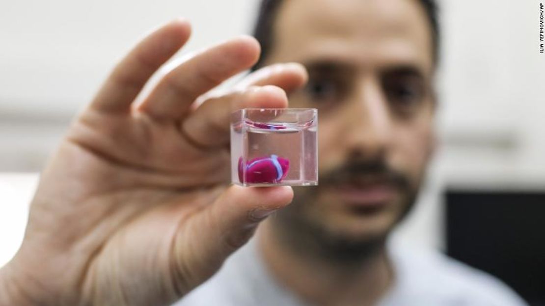 Un investigador sostiene el prototipo de corazón humano impreso en 3-D.