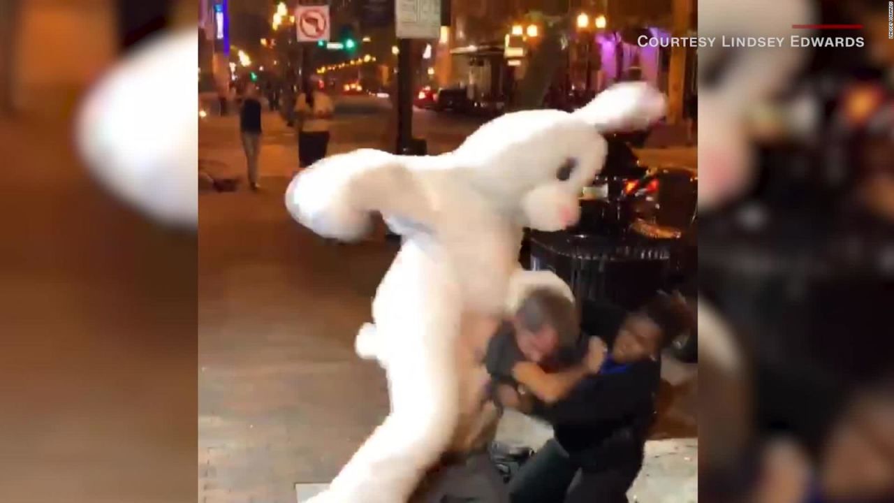 CNNE 641241 - disfrazado de conejo intervino en una pelea callejera