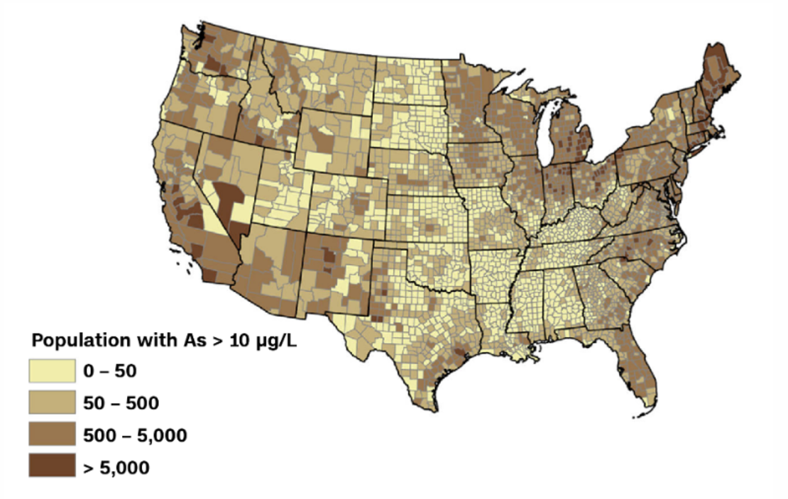 Población con niveles de arsénico mayor a 10 microgramos. Fuente: USGS y CDC