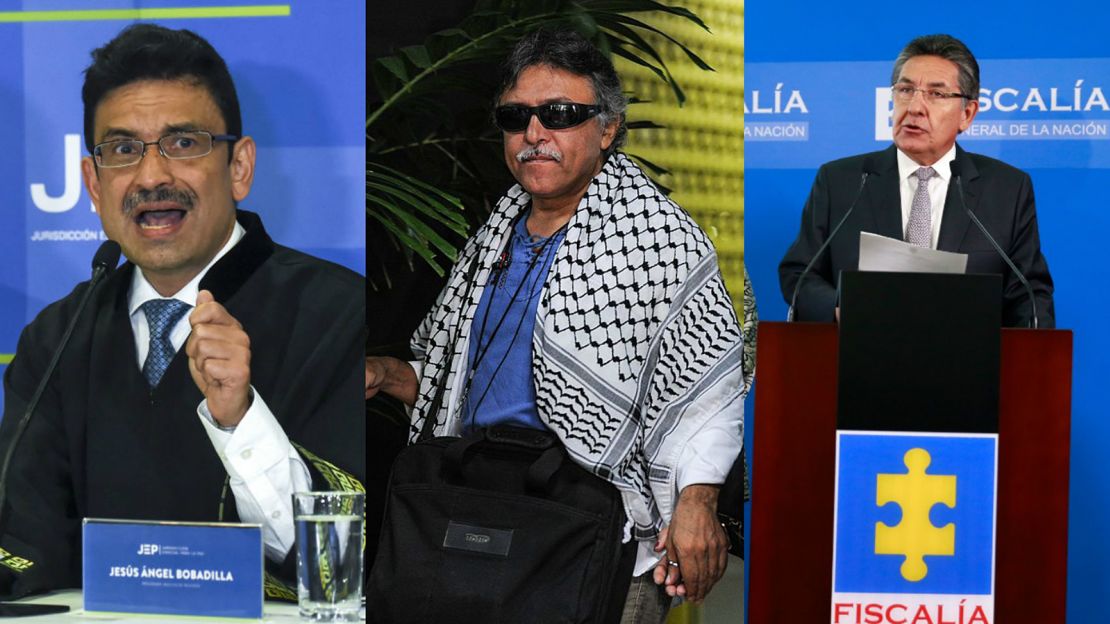 En esta foto aparecen de izquierda a derecha el magistrado de la JEP, Jesus Bobadilla; el exlíder guerrillero Seuxis Paucias Hernández Solarte, alias ‘Jesús Santrich’; y el fiscal general de Colombia Néstor Humberto Martínez.